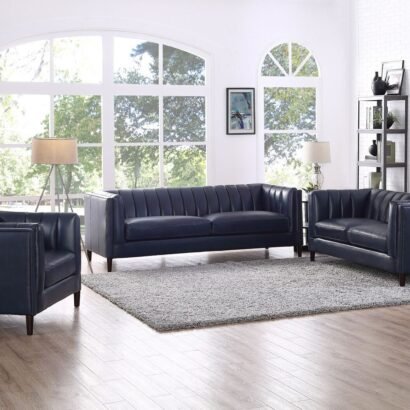 Living Rooms Archives, Dark Blue Leather Sofa Set